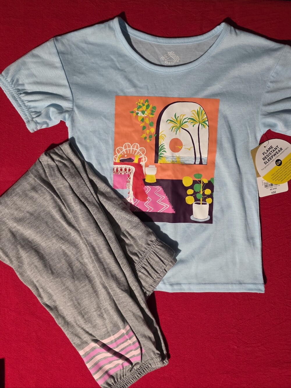 Light Blue Graphic Kids Pajama Set with Gray Pants